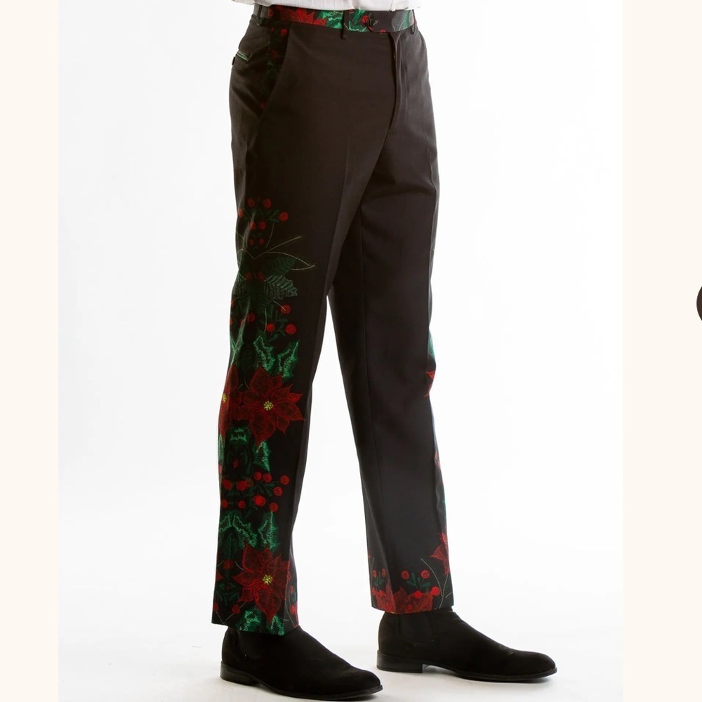 Shinesty Floral Black Pants with Red and Green Accents Sz 34X33